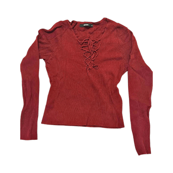 Red long-sleeve top with lace-up detail