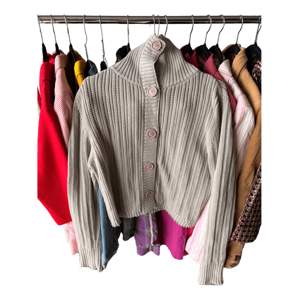 Beige/grå strikket cardigan med høj hals