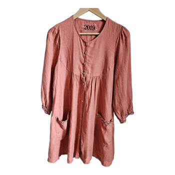 Gudrun Sjödén 2019 Linen Tunic Dress XS Pink Embroidered Scandinavian Boho Pockets