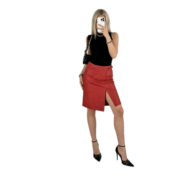 Vintage Red genuine leather midi skirt