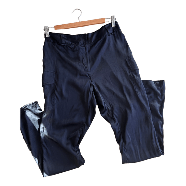 Black silk cargo trousers