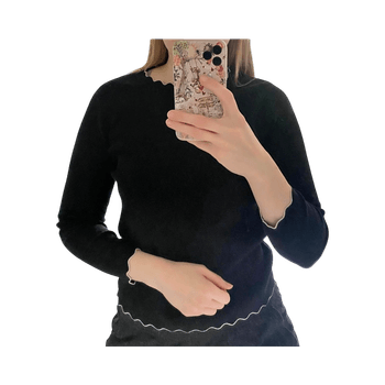 Musta/tummansininen neule valkoisella koristereunuksella