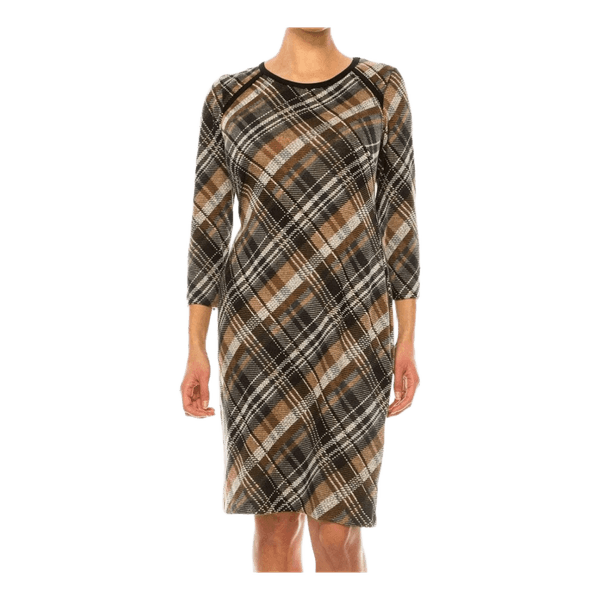 Connected Apparel Plaid Midi Dress Size 16 Brown Black Stretch 3/4 Sleeve Sheath