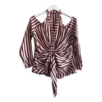 GUESS Satin Striped Blouse Women Size S Red Black Pink Off Shoulder Party Top