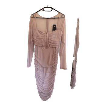 Beige ruched mesh dress