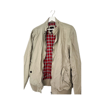 Beige bomber-takki punaisella ruutuvuorella