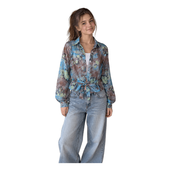 Floral long-sleeve belted blouse