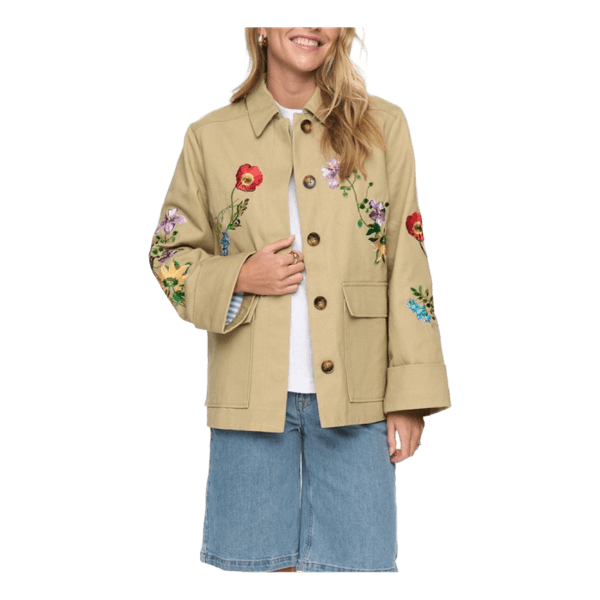 Smukkeste Nümph khaki jakke med blomster broderi str S