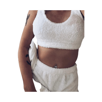 Valkoinen pörröinen toppi ja shortsit S – cozy / cute / soft / loungewear