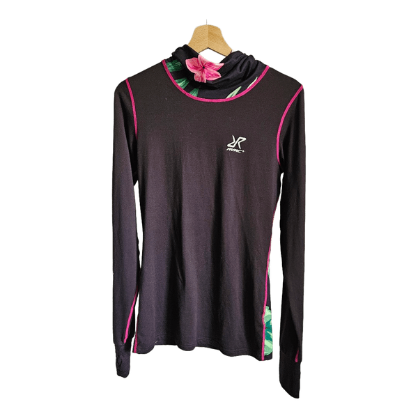 RVRC Floral Hooded Base Layer Top Black Pink Long Sleeve Stretch Outdoor Sports