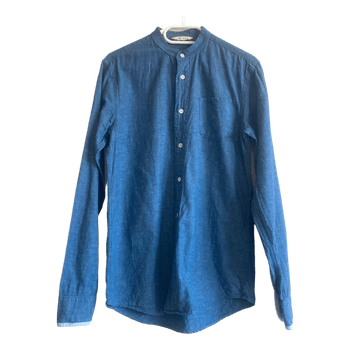 NN07 No Nationality Blue Cotton Linen Shirt Grandad Collar Size S Scandinavian Minimal
