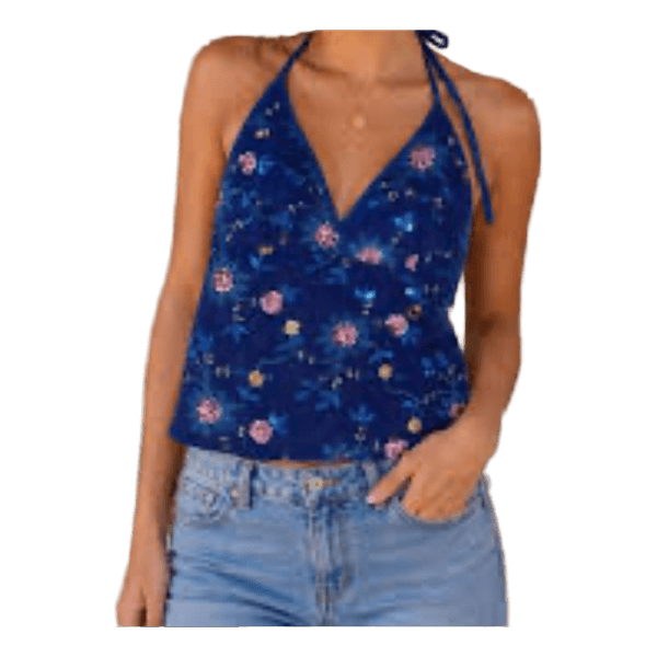 Blå blomstret halterneck top