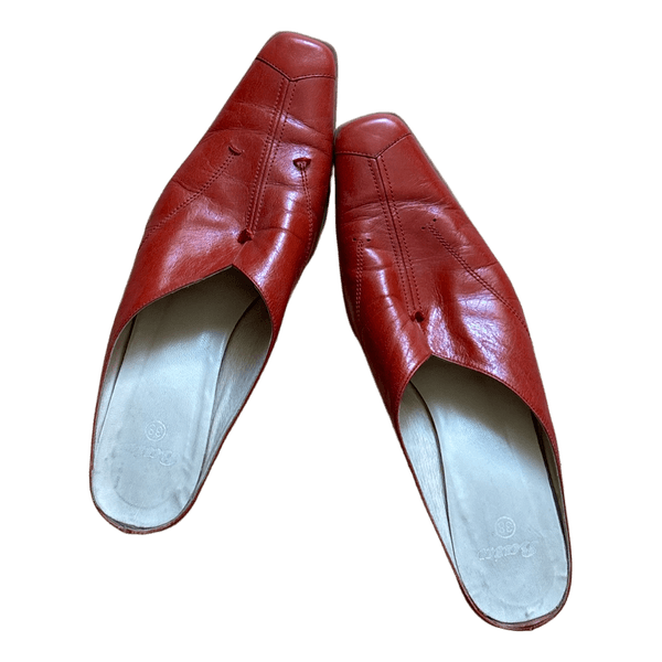 Red leather heeled mules