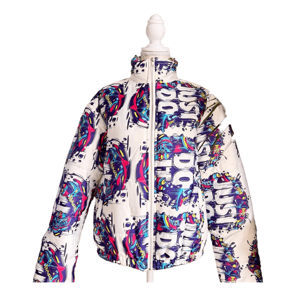 Y2K streetwear puffer jacket with an amazing graffitti print