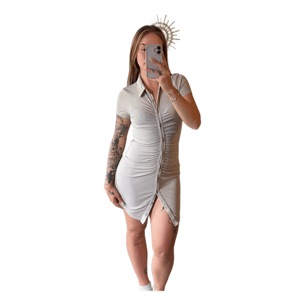 Beige ruched shirt dress