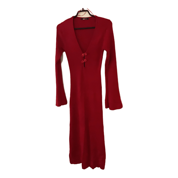 Red ribbed midi dress
