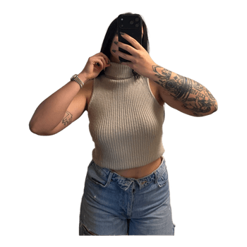 Beige ribbed turtleneck top