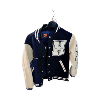 Navy varsity jacket with beige sleeves
