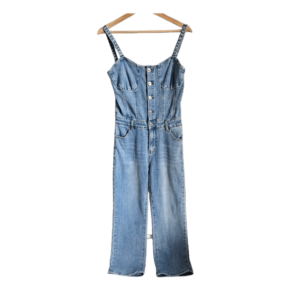 Hello Miss Denim Light Wash Corset Denim Jumpsuit Wide Leg Women EU38 M