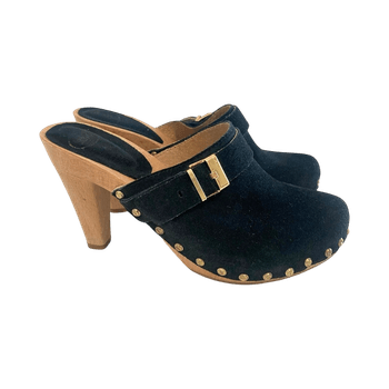 Scholl navy suede heeled clogs slip on size 36