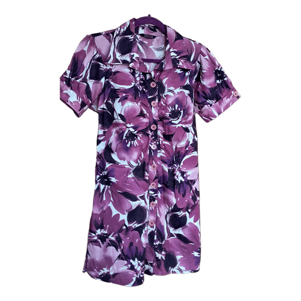 Purple floral button-up shirt dress