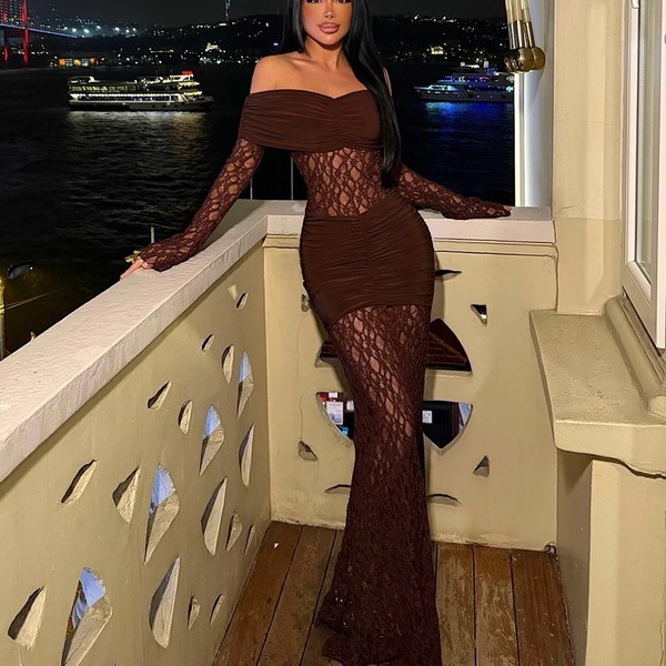 Brown Lace Long Dress