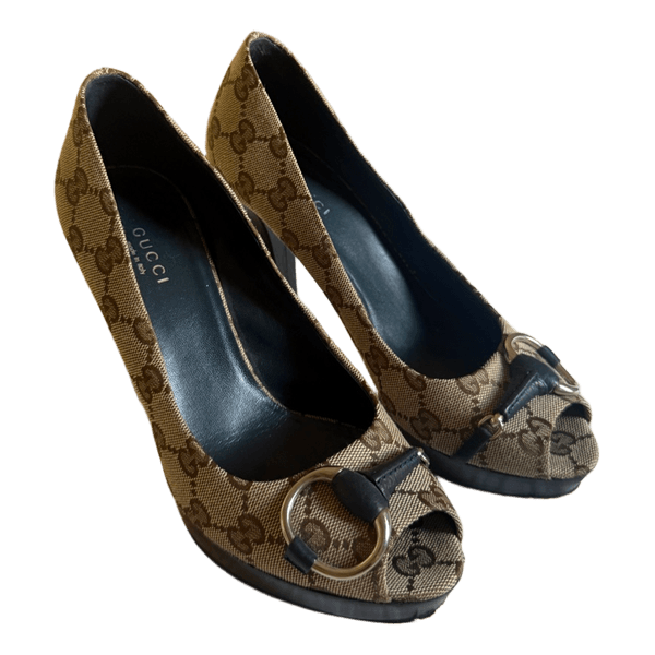 Gucci monogram peep toe heels
