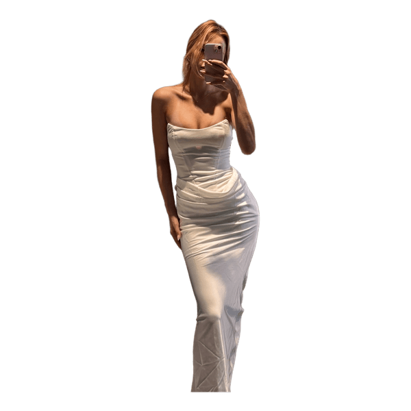 White strapless corset maxi dress