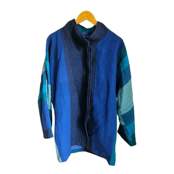 Blue Green Cotton Lined Jacket Coat L XL Artisan Lagenlook Boho Coastal Style
