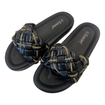 Black woven slides