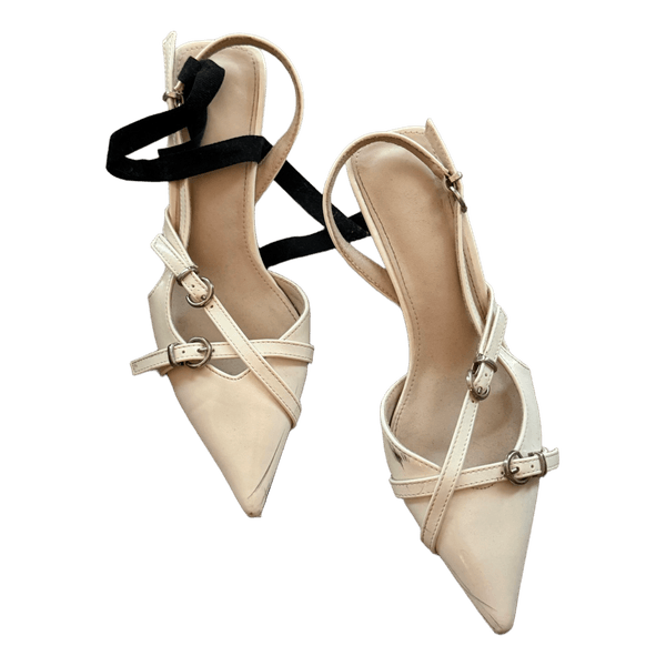 Beige patent leather heels