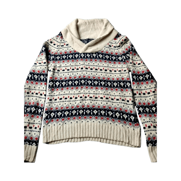 Pull & Bear Fair Isle Shawl Collar Knit Sweater - Cream, Navy, Red - M/L