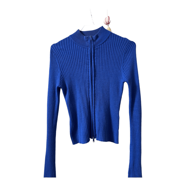 Blå ribstrikket cardigan