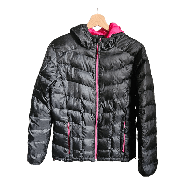 North Brook Down Puffer Jacket Black Pink Hooded UK 12 US S 50/50 Down Feather