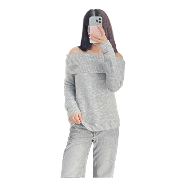 Grey off-shoulder knit sweater