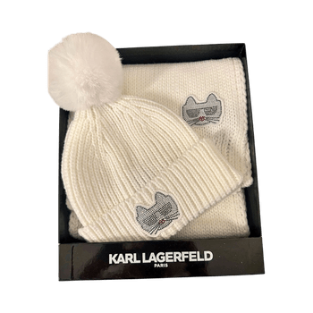 White knit beanie and scarf set