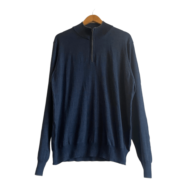 Neiman Marcus Blue Wool Blend Quarter Zip Sweater XXL Mock Neck Minimalist Classic