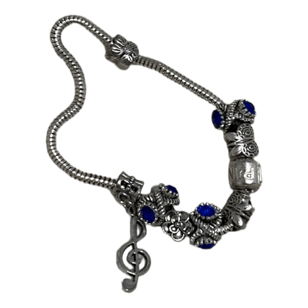 Silver charm bracelet with blue stones