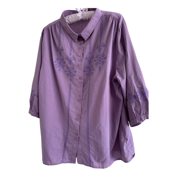 Purple embroidered button-down shirt