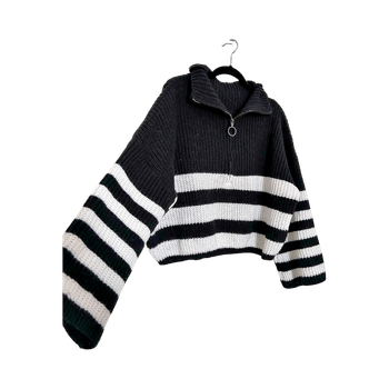 black and white striped half zip oversized relaxed fit cropped knitted sweater