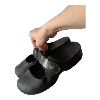 Black leather clogs