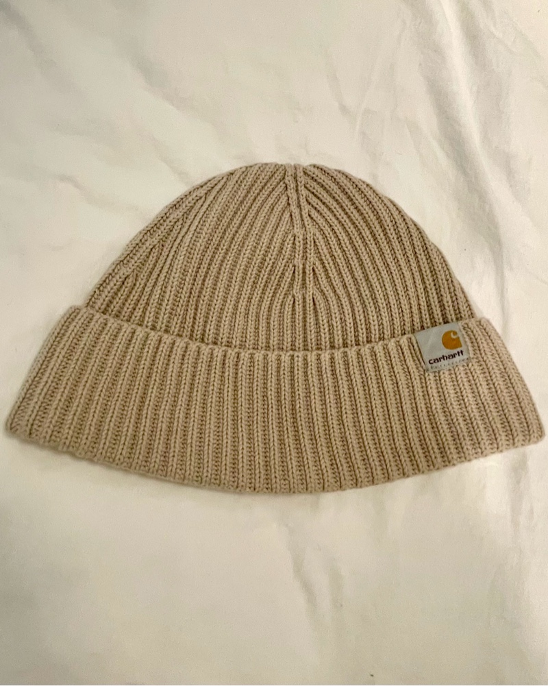 Beige Carhartt ribbed knit beanie