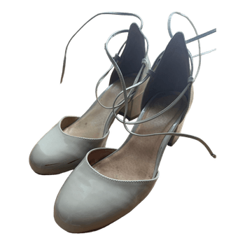 Beige patent block heels