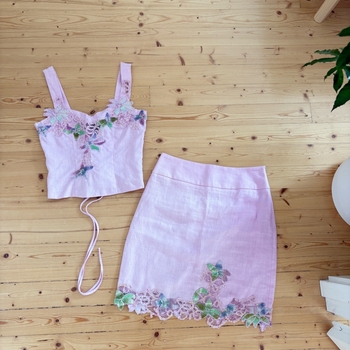 Pink linen corset top and skirt set