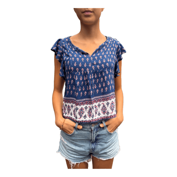 Blue patterned ruffled blouse