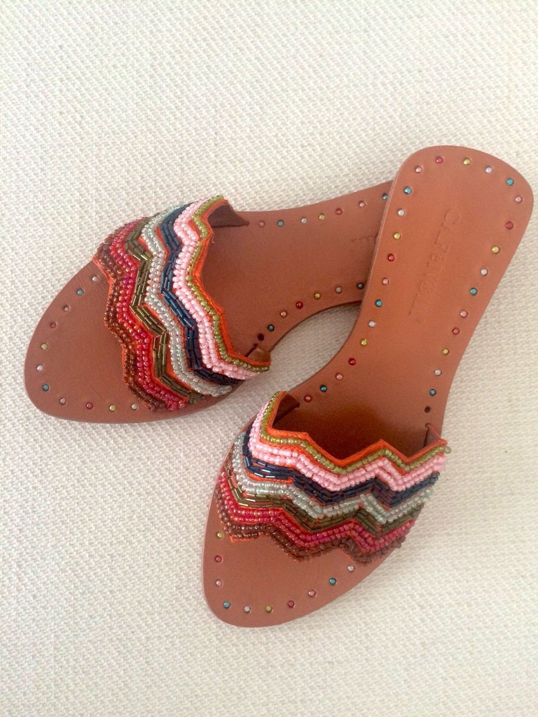 Cafe Noir Pearl Embellished Slip-on Leather Sandals