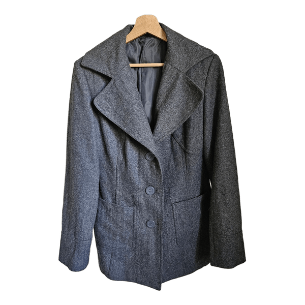 By Young Wool Blend Grey Coat Jacket Size M Wide Collar Tailored Minimalist