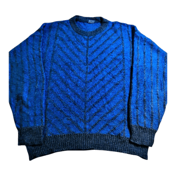 Vintage Sininen Villasekoiteneule - Chevron Kuosi - Retro/Unisex - L/XL