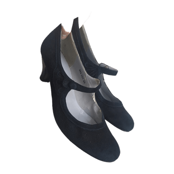 Black suede mary jane pumps