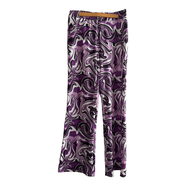 Purple swirl print stretch trousers